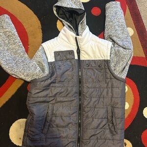 Gray and White Hooded Vest Jacket
